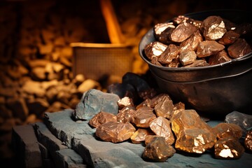A bucket with golden nuggets rests on rocks. Treasure in rock pile