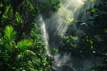 Dense, lush rainforest with a cascading waterfall, vibrant green foliage, mist rising from the falls, sunlight streaming through the canopy, mysterious and alive - obrazy, fototapety, plakaty