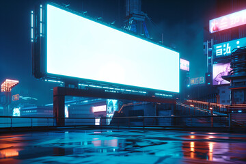 Blank billboard set against a neon-lit cyberpunk backdrop. Ideal for dynamic futuristic ads.