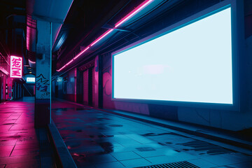 Blank billboard set against a neon-lit cyberpunk backdrop. Ideal for dynamic futuristic ads.