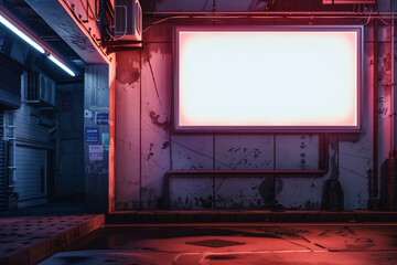 Blank billboard set against a neon-lit cyberpunk backdrop. Ideal for dynamic futuristic ads.