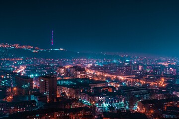 Breathtaking aerial view of the illuminated Yerevan cityscape at night