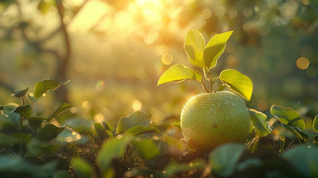 Earth Tarok Fruit, rich soil, sturdy stems, green rough skin, Scene on a lush meadow, gentle breeze, 3D render, Golden Hour, Lens Flare