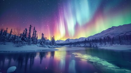 Beautiful aurora northern lights in night sky with lake snow forest in winter. - Powered by Adobe