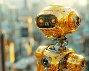 Fototapeta premium Golden robot, intricate design, operating in a futuristic cityscape Realistic 3D render, Backlighting, Chromatic Aberration