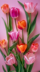 A well-composed photograph of various tulip colors and stages blending harmoniously on a pink surface