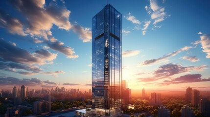 Photorealistic Tall building and behind it a beautiful and sky - obrazy, fototapety, plakaty