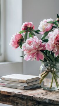 a contemporary coffee table adorned with books and a vase of peony flowers, creating a bright and airy image.