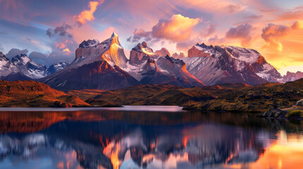 Fototapeta na wymiar Majestic mountain range at sunset, peaks covered in snow, vibrant orange and pink sky, reflecting in a tranquil lake below, awe-inspiring and serene, realistic photography
