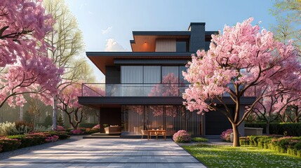 3D rendering of a modern, cozy house in the garden with garage. A fresh spring day with blossoming...