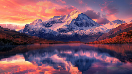 Majestic mountain range at sunset, peaks covered in snow, vibrant orange and pink sky, reflecting in a tranquil lake below, awe-inspiring and serene, realistic photography - Powered by Adobe