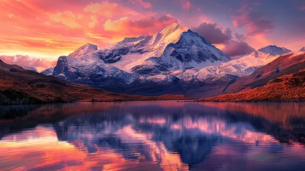 Cercles muraux Réflexion Majestic mountain range at sunset, peaks covered in snow, vibrant orange and pink sky, reflecting in a tranquil lake below, awe-inspiring and serene, realistic photography