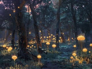 Futuristic Twilight Forest: In a forest clearing at dusk, the trees are illuminated by glowing alien plants reminiscent of distant galaxies. concept space, cosmic, blue, fabulous, books for children