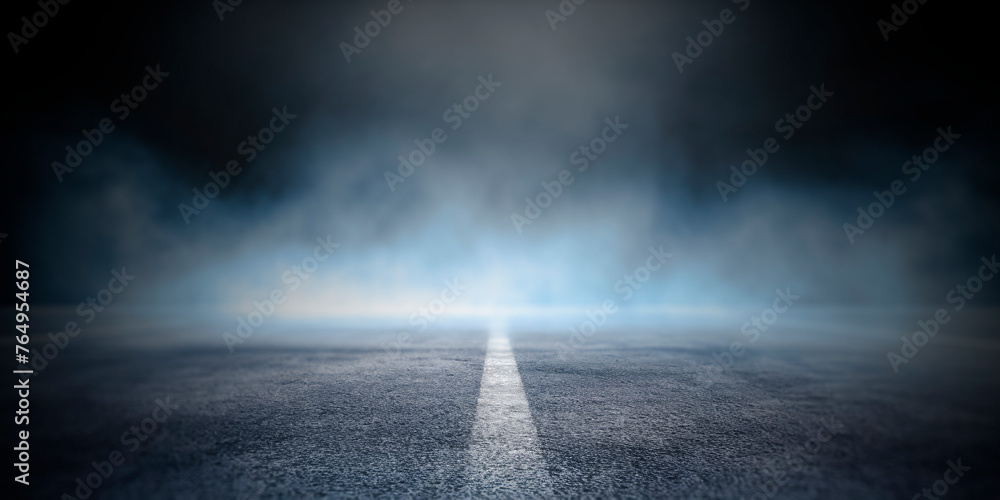 Poster asphalt road vanishing into foggy haze with highlighted center line. enigmatic path concept. generat