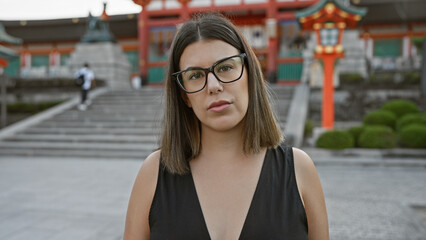Fototapeta premium Beautiful latin brunette donning glasses, serious gaze fixated on fushimi inari-taisha shrine, kyoto. hispano-japanese moment captured, female reflects with sad confidence, japan temple.