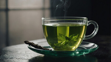 A glass cup of green tea.