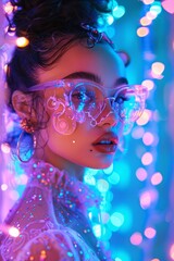 Depicting a close-up of a woman dressed in a sparkling, embellished outfit with bokeh light effects