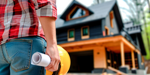 Engineer with project roll in front of house under construction. Realistic depiction. Daylight, residential concept. Generative AI