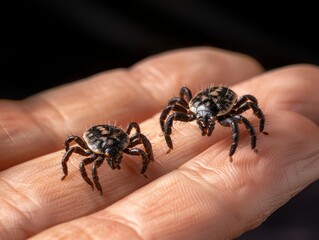 Obraz premium two danger ticks on a person's hand close-up. concept insects, danger, disease, spring, spiders
