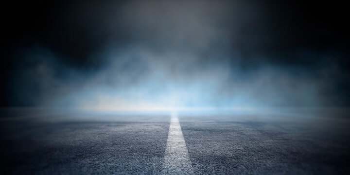 Asphalt road vanishing into foggy haze with highlighted center line. Enigmatic path concept. Generative AI