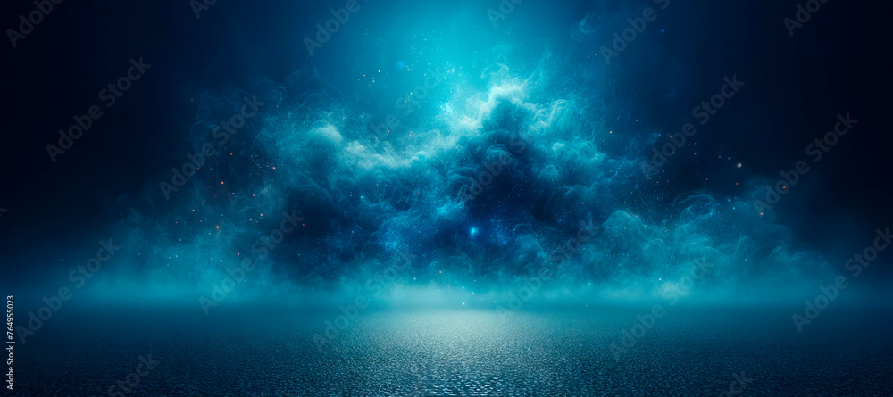 Poster cosmic blue nebula clouds over a reflective surface. abstract and astronomy concept. generative ai