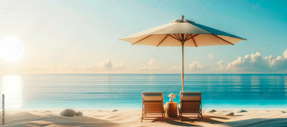 Poster tranquil beach view with umbrella and loungers, pristine ocean backdrop. serenity and holiday concep