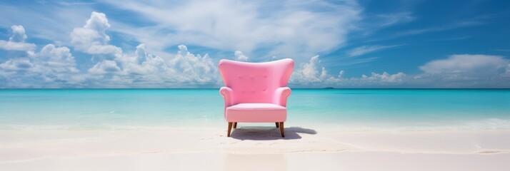 on a beautiful beach in the maldives there is a one chair on the sand, brightly painted pink, a...