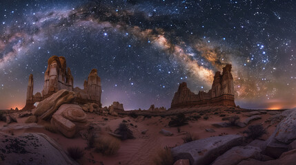 Night sky full of stars over a calm desert landscape, clear visibility of the Milky Way, unique rock formations in the foreground, mysterious and infinite, astrophotography style - obrazy, fototapety, plakaty