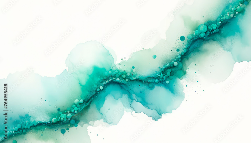 Poster abstract teal watercolor shapes blending on a pristine white background. fluidity concept. generativ