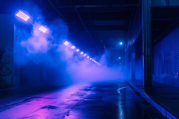 Dark urban alley illuminated by neon lights and spotlights with swirling smoke
