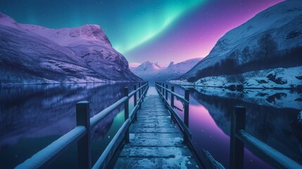 Beautiful aurora northern lights in night sky with lake pedestrian bridge snow forest in winter. - obrazy, fototapety, plakaty
