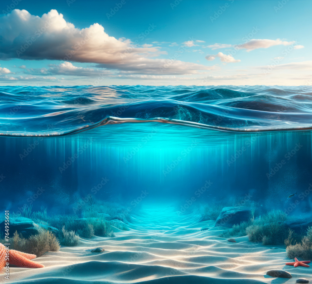 Poster Underwater view with marine life and light rays through ocean waves. Aquatic tranquility. Generative AI