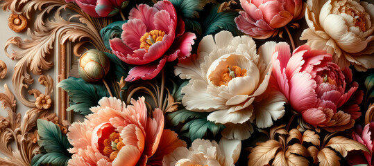 Baroque peonies and ornate decor in a digital artwork on a dark background. Floral opulence concept...