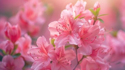Dreamlike capture of delicate pink azalea flowers bathed in a soft, warm glow, highlighting their intricate details and romantic beauty.