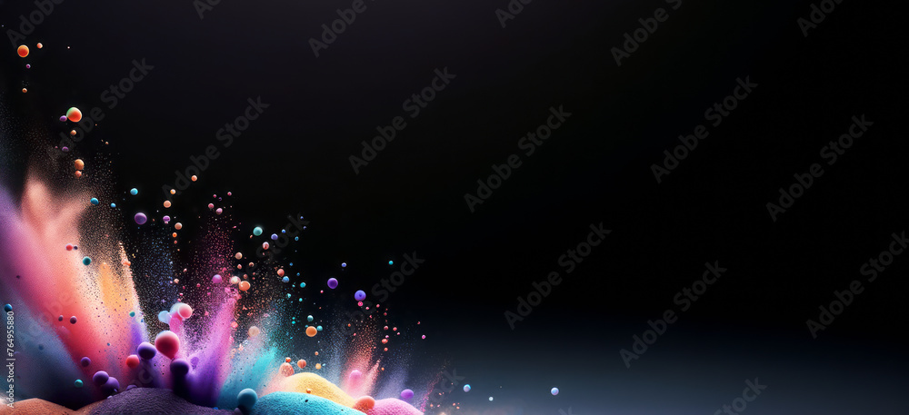 Poster colorful paint and foam explosion with floating spheres on a dark background. creative art concept. 