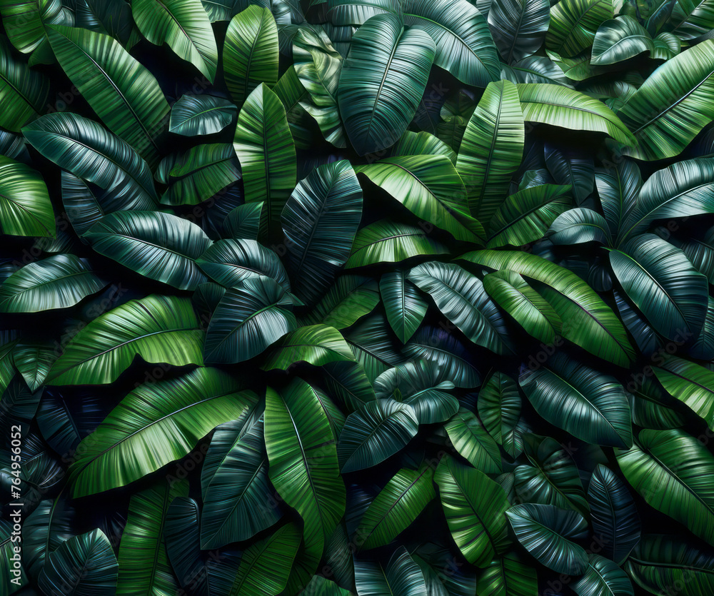 Poster dense tropical leaves in shades of green with realistic texturing. nature and lush concept. generati