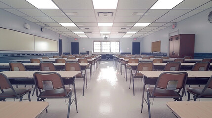 Naklejka na ściany i meble Classroom with Empty Desks and Chairs