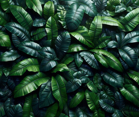 Fototapeta premium Dense tropical leaves in shades of green with realistic texturing. Nature and lush concept. Generative AI