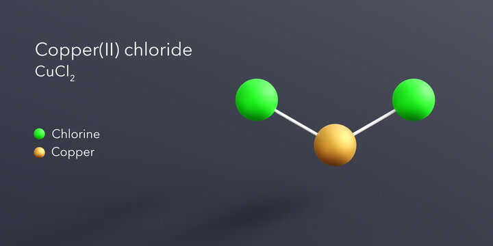 copper(ii) chloride molecule 3d rendering, flat molecular structure with chemical formula and atoms color coding