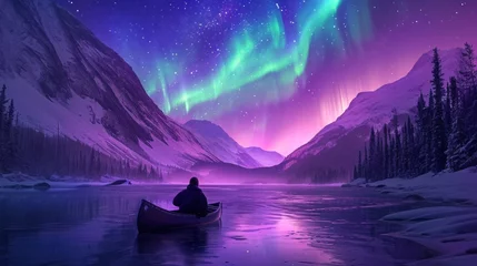 Poster Man boating in lake with snow mountains and beautiful aurora northern lights in night sky in winter. © rabbit75_fot