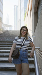 A smiling young woman in casual wear with glasses stands on stairs in a modern dubai cityscape.