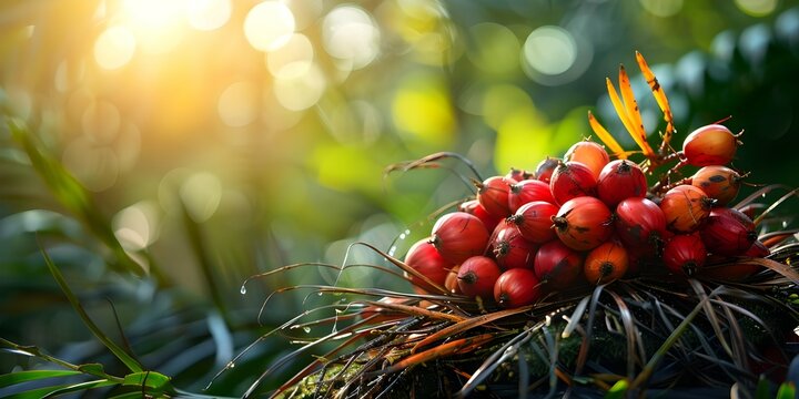 Picture of palm oil fruits freshly harvested from plantations key energy source. Concept Palm Oil, Harvesting, Plantations, Energy Source, Freshly Harvested