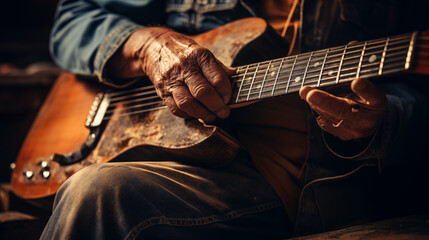 Aged Hands of a Musician Playing an Acoustic Guitar
