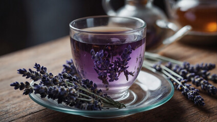 A glass cup of lavender tea. - obrazy, fototapety, plakaty
