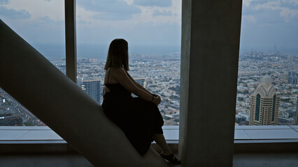 A contemplative woman sits inside a high-rise observatory overlooking a sprawling cityscape at...