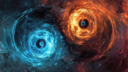 the yin yang symbol, with blue and orange eyes - obrazy, fototapety, plakaty