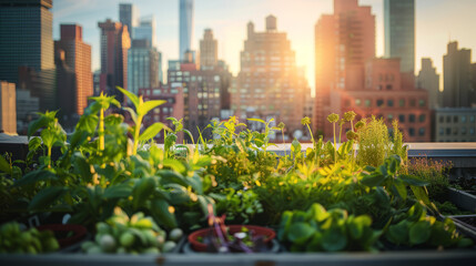 Urban rooftop garden, lush green plants and vegetables, city skyline in the background, concept of...