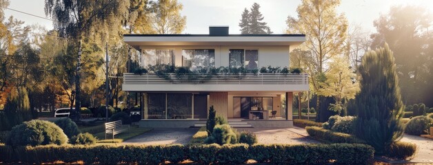 a brick-walled two-story single-family house amidst the tranquil ambiance of a Finnish suburban street, accented by muted greens, greys, and dark blues of spring. - obrazy, fototapety, plakaty