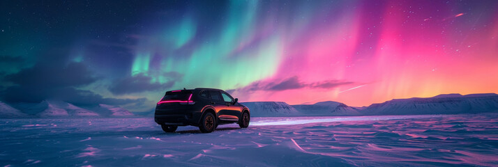 Car in wild snow field with beautiful aurora northern lights in night sky with snow forest in winter. - obrazy, fototapety, plakaty