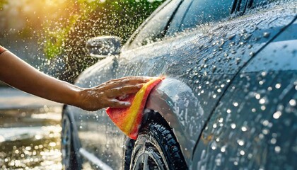 Close up of hand washing a car with water hose in driveway during summer day
